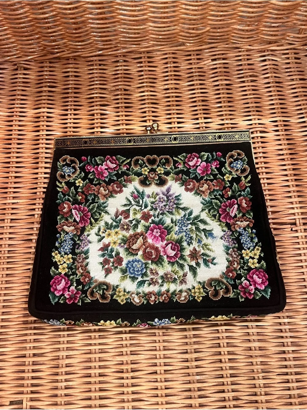 Vintage Floral Needlepoint Tapestry Purse with Gold-Tone Ornate Frame & Chain